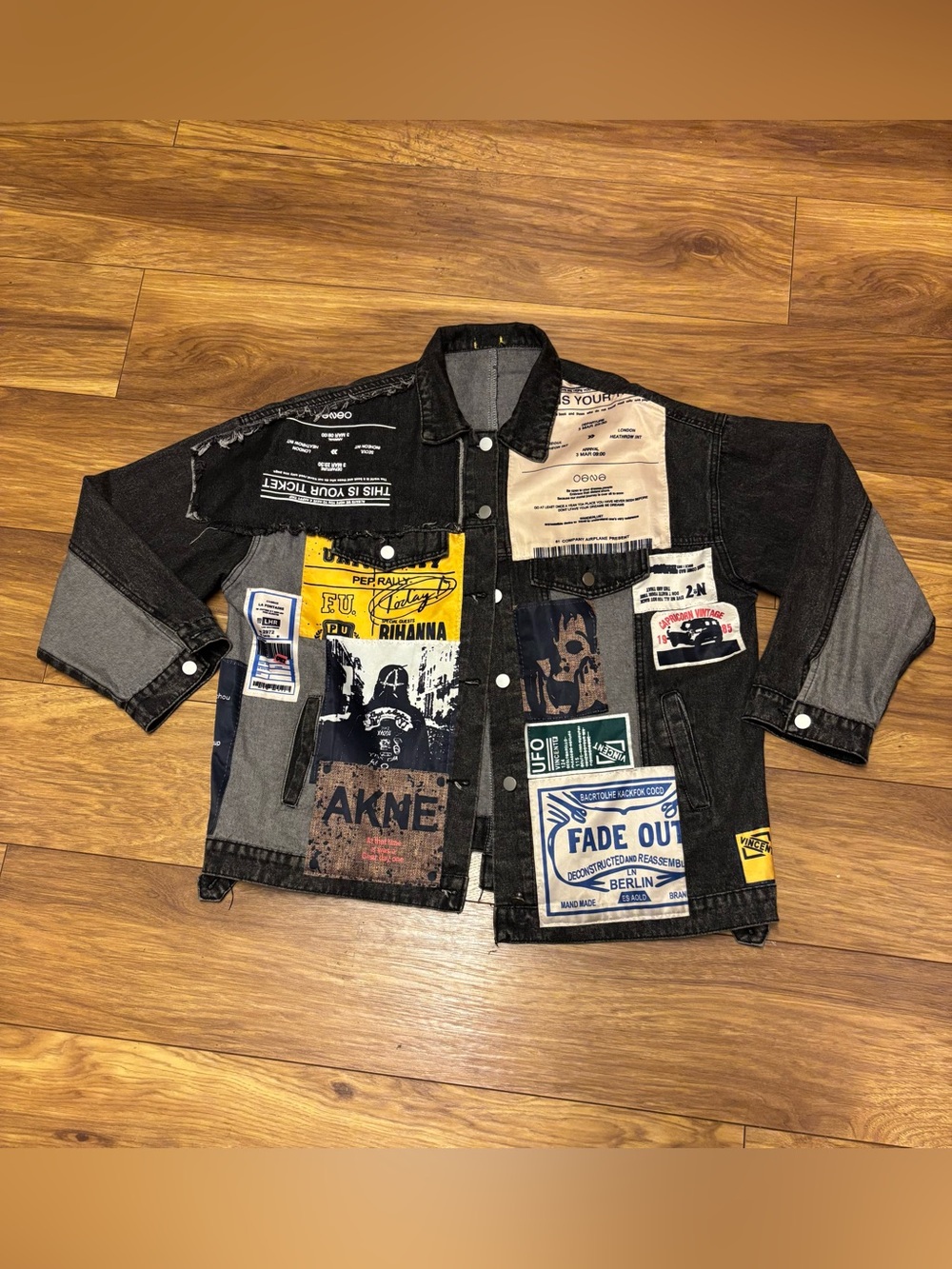 Black Patchwork Denim Shirt Jacket with Graphic Patches